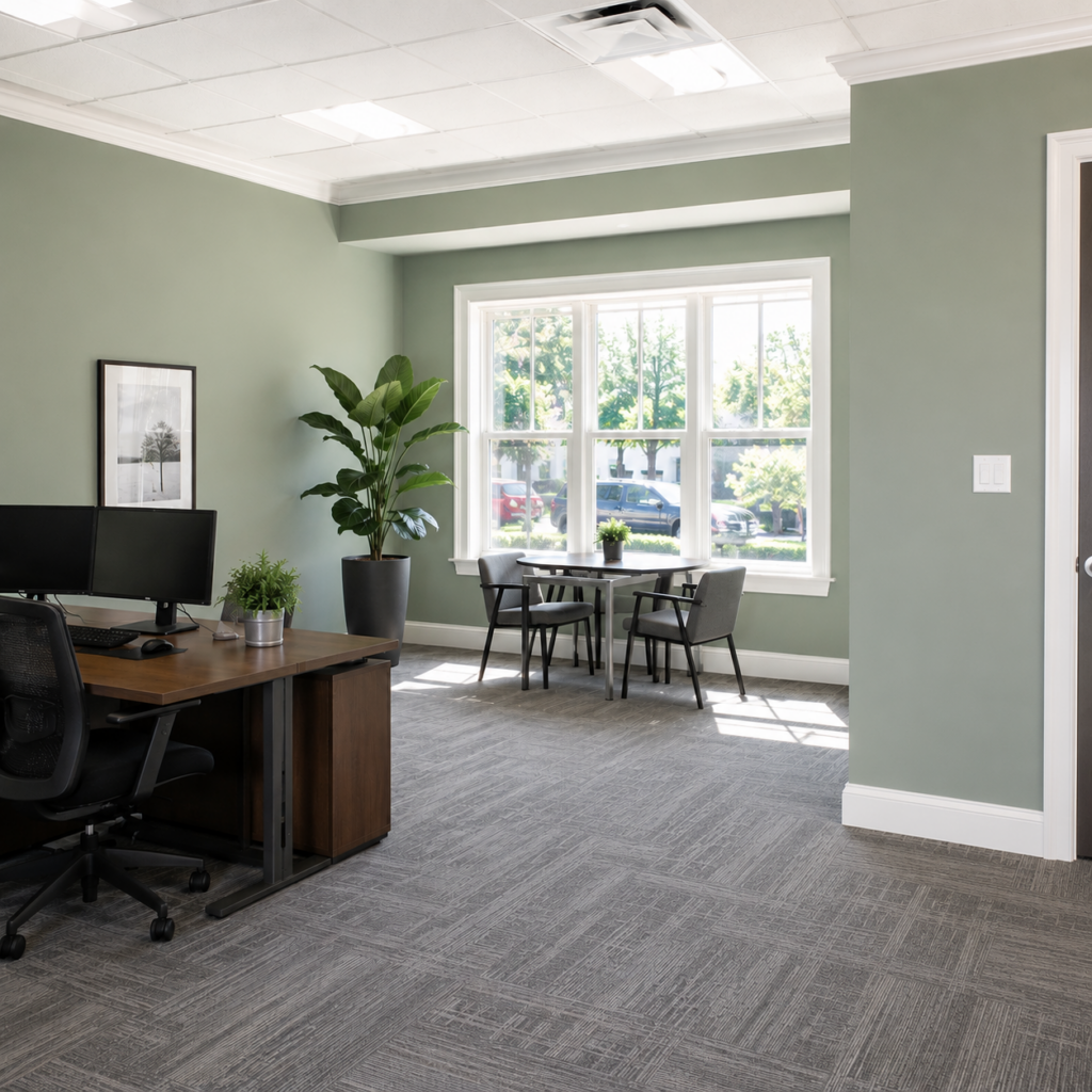 Office space with a wooden desk, dual monitors, and an ergonomic chair; a large windowed wall with plants nearby and a round table with four chairs in the light-filled corner.