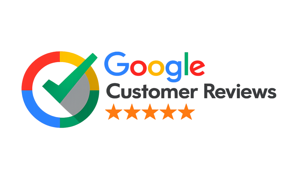 Google logo with the words 'Customer Reviews', a green check mark, and five orange stars on a blurred background.