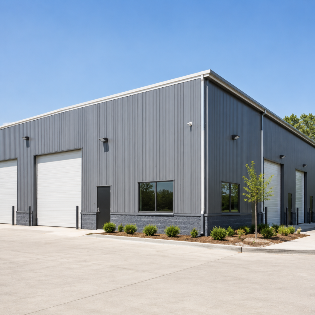 Modern gray industrial warehouse with three large roll-up doors and a small landscaped area.