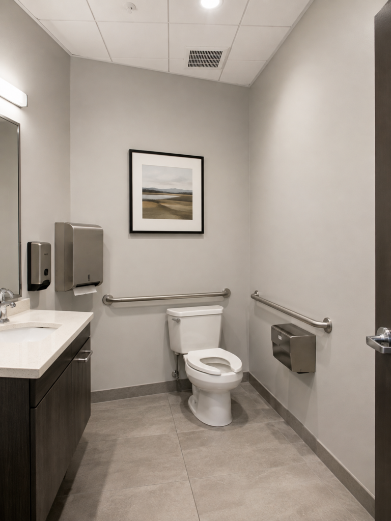 Accessible bathroom with toilet and two grab bars, a sink vanity on the left, and framed landscape art on gray walls.