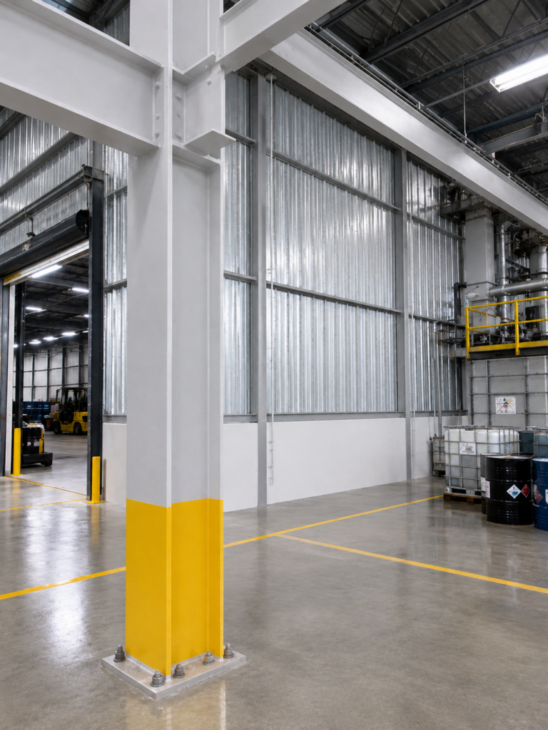 Industrial warehouse interior showing large gray steel columns with yellow base guards and polished concrete floor.