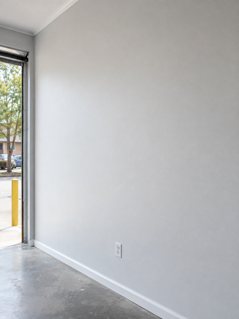 Empty interior corner with light gray wall, white baseboard, and concrete floor; door opening to outdoors with a yellow bollard visible outside