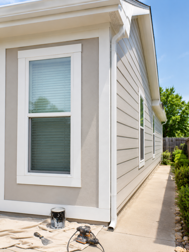 Side view of a beige house with white window frames, gutter downspout, and a paint can plus tools on a drop cloth outside.