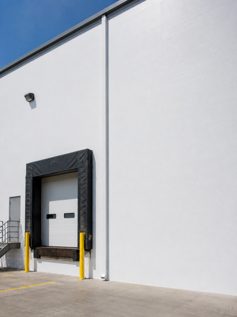 Industrial loading dock with a white roll-up door, black bumper framing, and two yellow safety posts outside a white warehouse wall.