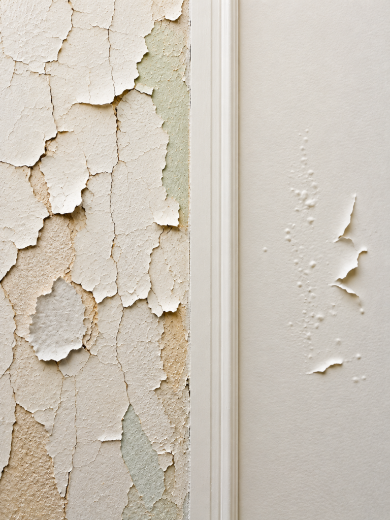 Close-up of a wall with heavy, peeling paint beside a white door trim.