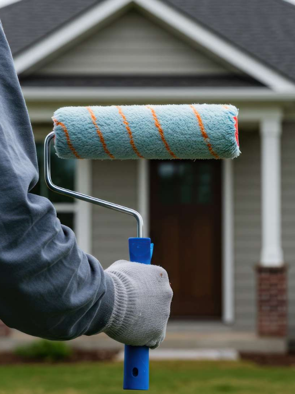 Person wearing a glove holds a blue-handled paint roller, painting the front of a house.