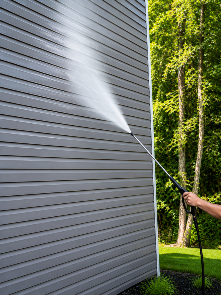 Person pressure-washing the gray siding of a house, water jet visible with trees in the background