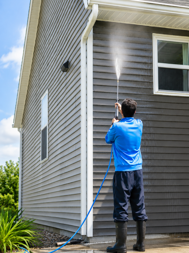 Person in a blue sweatshirt and tall boots pressure-washing the gray siding of a house, using a wand and blue hose outside.