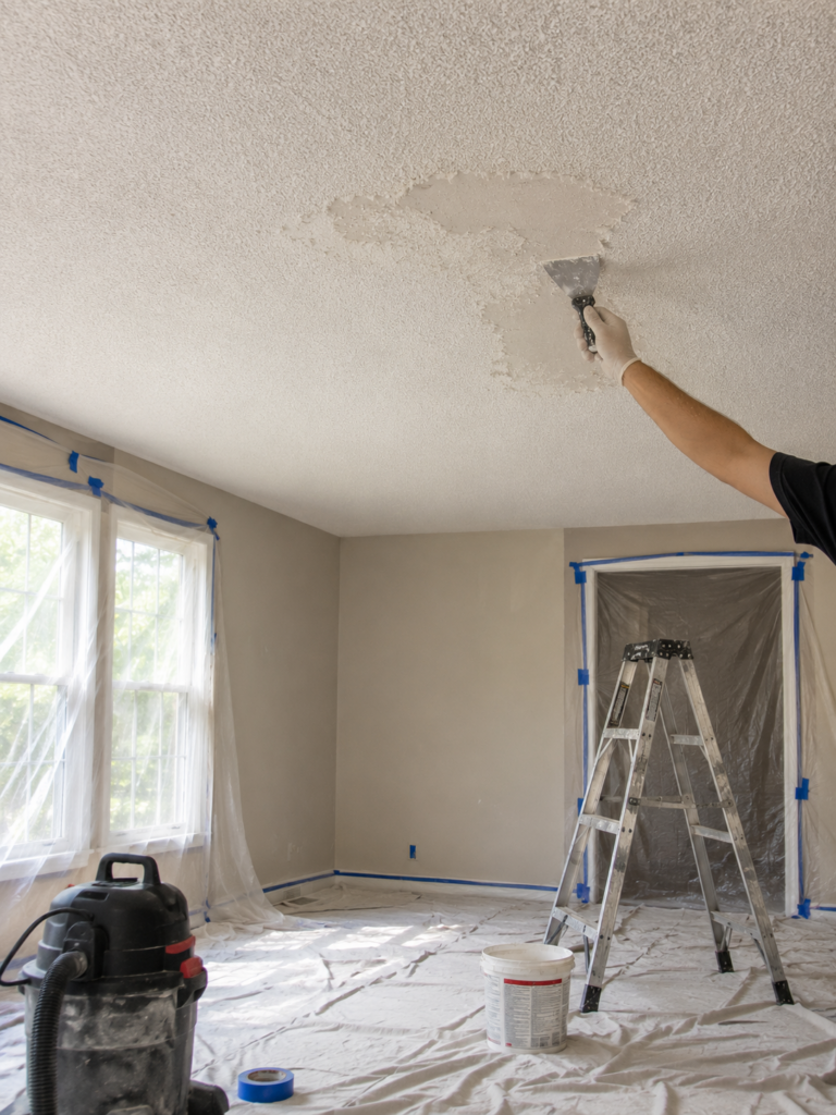Person smoothing plaster onto a textured ceiling with a putty knife during a room renovation.