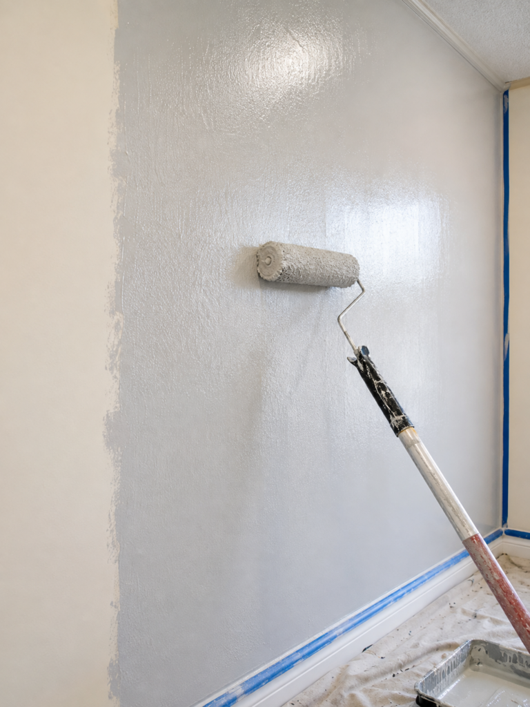 Paint roller applying light gray paint to a wall, with blue painter's tape along the baseboard and ceiling edges in a renovation setup.